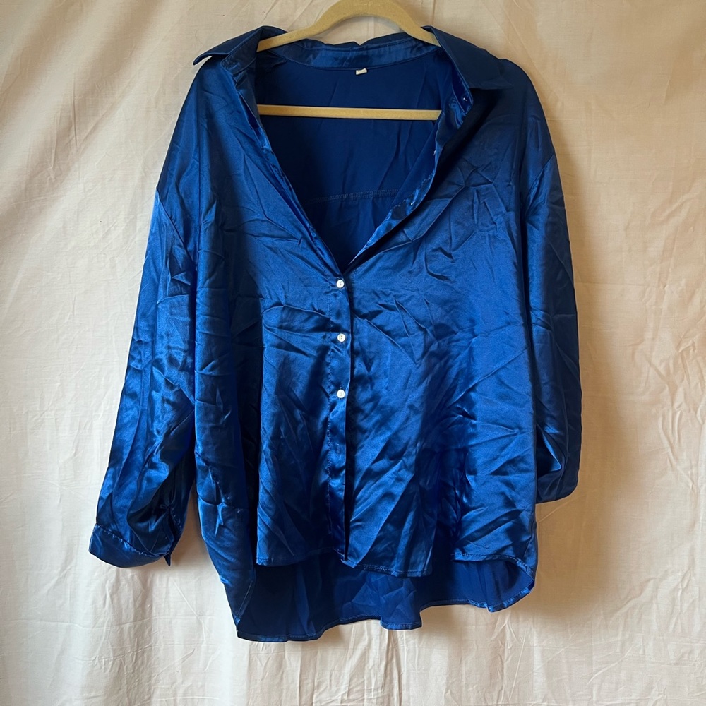 deep blue satin button up shirt